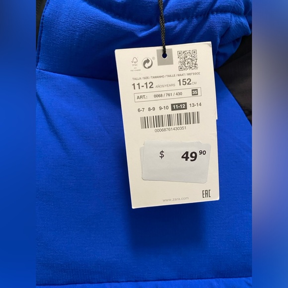 NWT Zara Colourblock Bright Blue and Black Hooded Zip Puffer Vest Size 11-12 - Picture 7 of 11